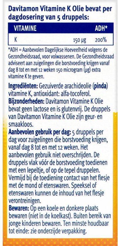 Davitamon Vitamine K Olie - vitamine K baby - speciaal ontwikkeld voor baby’s die nog borstvoeding krijgen - 10 ml
