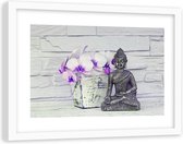 Foto in frame , Boeddha  met orchidee , 120x80cm , Multikleur , Premium print