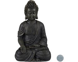 boeddha beeldje - zittend - 18 cm - woonkamer - buiten - klein - donkergrijs