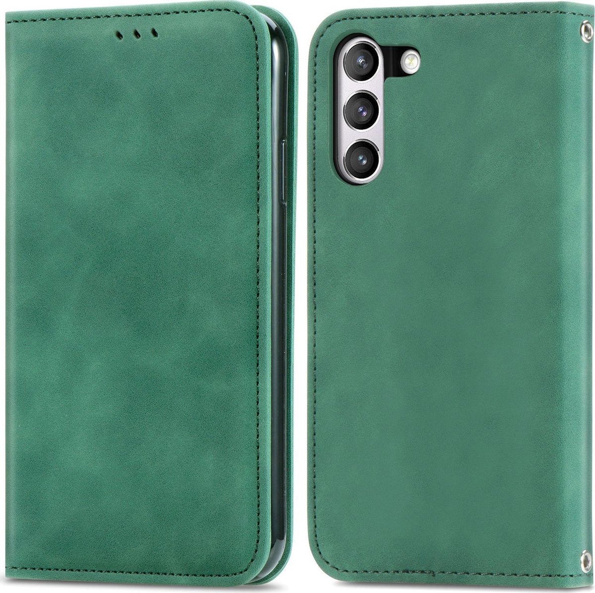Mobigear Telefoonhoesje geschikt voor Samsung Galaxy S21 FE Hoesje | Mobigear Retro Slim Bookcase Portemonnee | Pasjeshouder voor 2 Pasjes | Telefoonhoesje voor Pinpas / OV Kaart / Rijbewijs - Groen