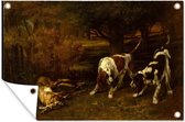 Tuindecoratie Jachthonden met dode haas - Schilderij van Gustave Courbet - 60x40 cm - Tuinposter - Tuindoek - Buitenposter
