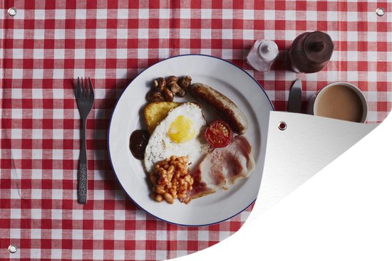 Muurdecoratie English Breakfast op geruit tafelkleed - 180x120 cm - Tuinposter - Tuindoek - Buitenposter