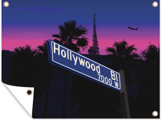 Tuin decoratie Een illustratie van een straatnaam in Hollywood tijdens de schemering - 40x30 cm - Tuindoek - Buitenposter