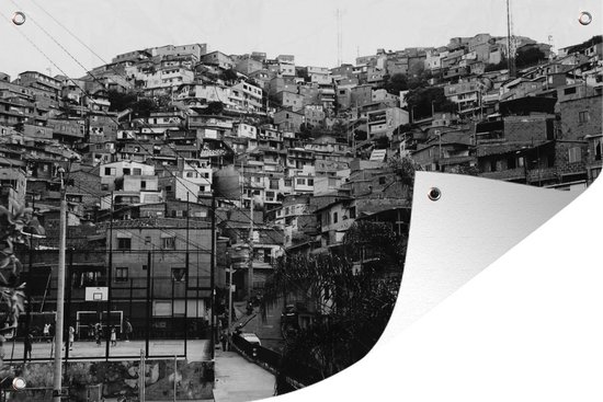 Tuinposter Zwart-wit foto van de stad Medellín in het Zuid-Amerikaanse Colombia - 100x60 cm - Wanddecoratie Buiten - Tuinposter - Tuindoek - Schuttingposter - Tuinschilderij