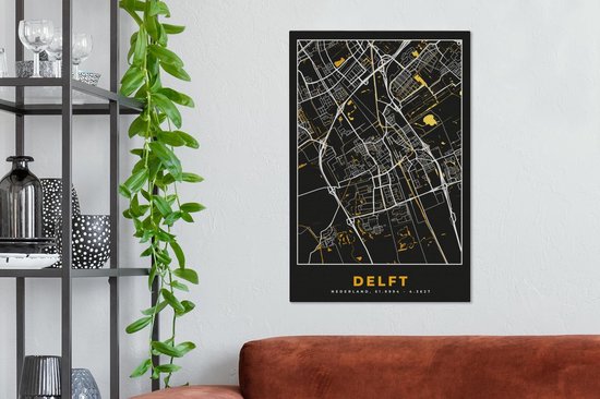 Peintures sur toile - Carte - Delft - Or - Zwart - 40x60 cm - Décoration murale