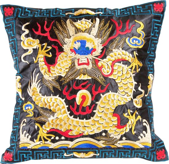 Fine Asianliving Chinese Kussen Volledig Geborduurd Zwart Geel Draak 45x45cm