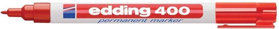 Rode edding 400 permanente marker met witte behuizing en blauwe accenten.