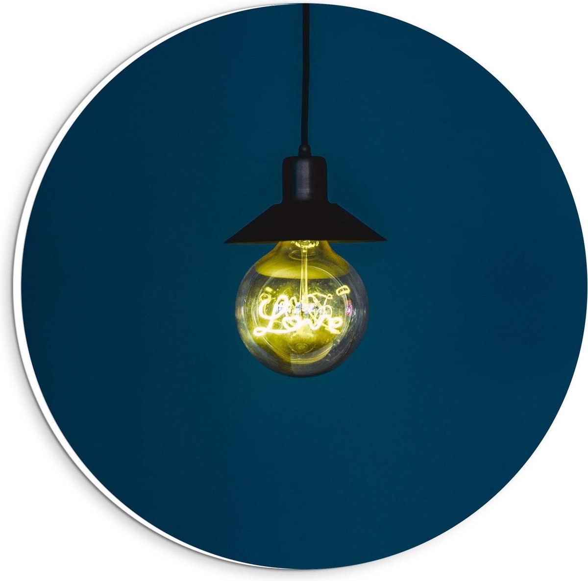 Forex Wandcirkel - Gloeilamp met Blauwe Achtergrond - 20x20cm Foto op Wandcirkel (met opha