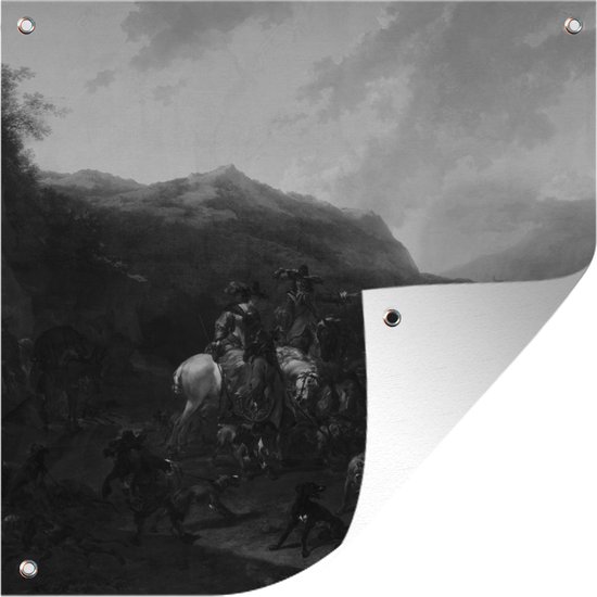 Tuindoek Wilde zwijnenjacht in zwart-wit - Nicolaes Pietersz Berchem - 100x100 cm