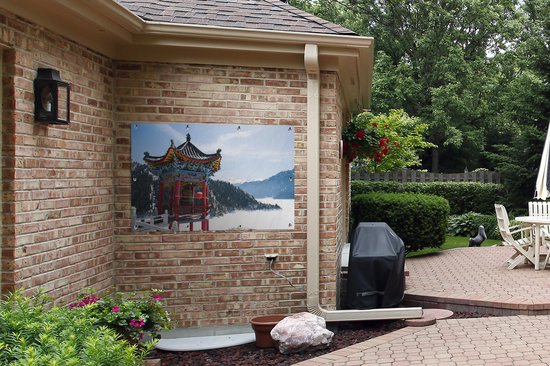 Pavillon chinois avec vue sur le lac paradisiaque à Urumqi Garden poster 120x80 cm - Toile de jardin / Toile d'extérieur / Peintures d'extérieur (décoration de jardin)