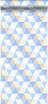 ESTAhome behang driehoekjes lichtblauw, beige en wit - 138712 - 53 cm x 10,05 m