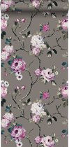 Origin behang bloemen taupe en lila paars - 347430 - 53 cm x 10,05 m