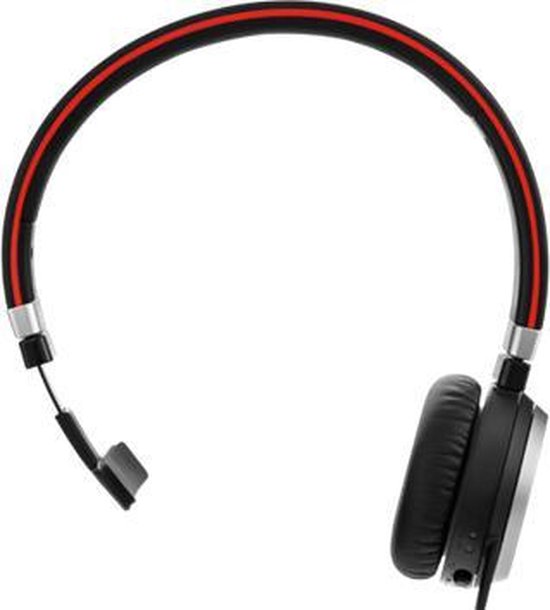 Zwarte Jabra koptelefoon met rode strepen op de hoofdband.
