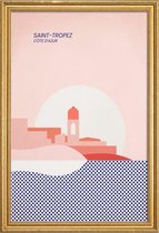 JUNIQE - Poster met houten lijst Saint-Tropez -20x30 /Blauw & Roze