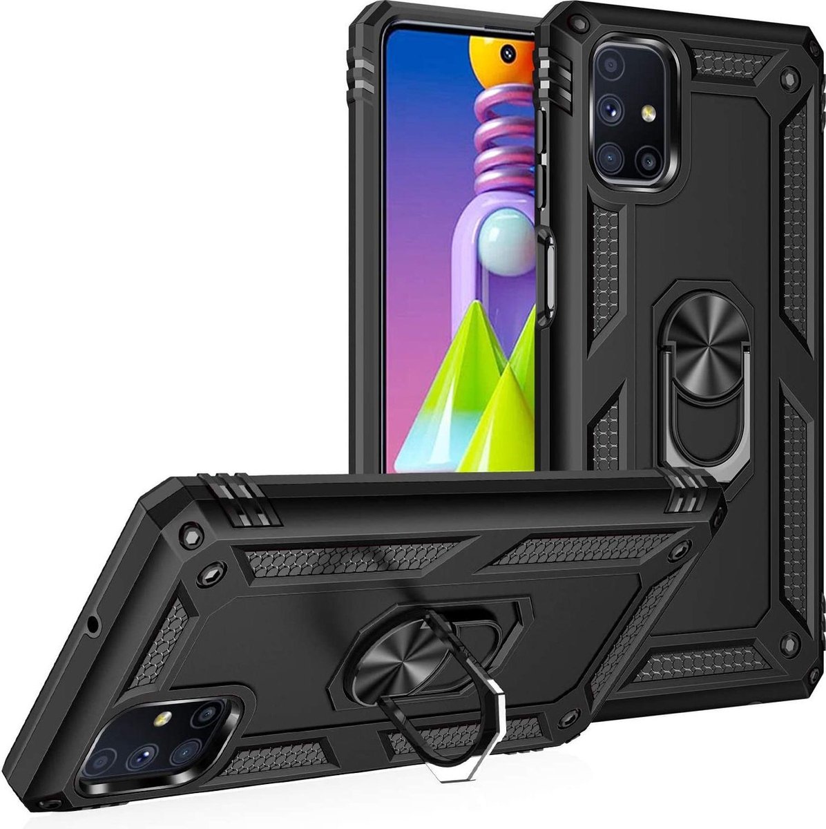 Anti-Shock Hybrid Ring Armor Hoesje Geschikt voor: Samsung Galaxy M51 - zwart