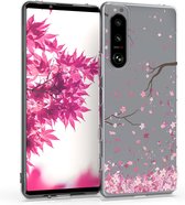 kwmobile telefoonhoesje voor Sony Xperia 5 III - Hoesje voor smartphone in poederroze / donkerbruin / transparant - Kersenbloesembladeren design