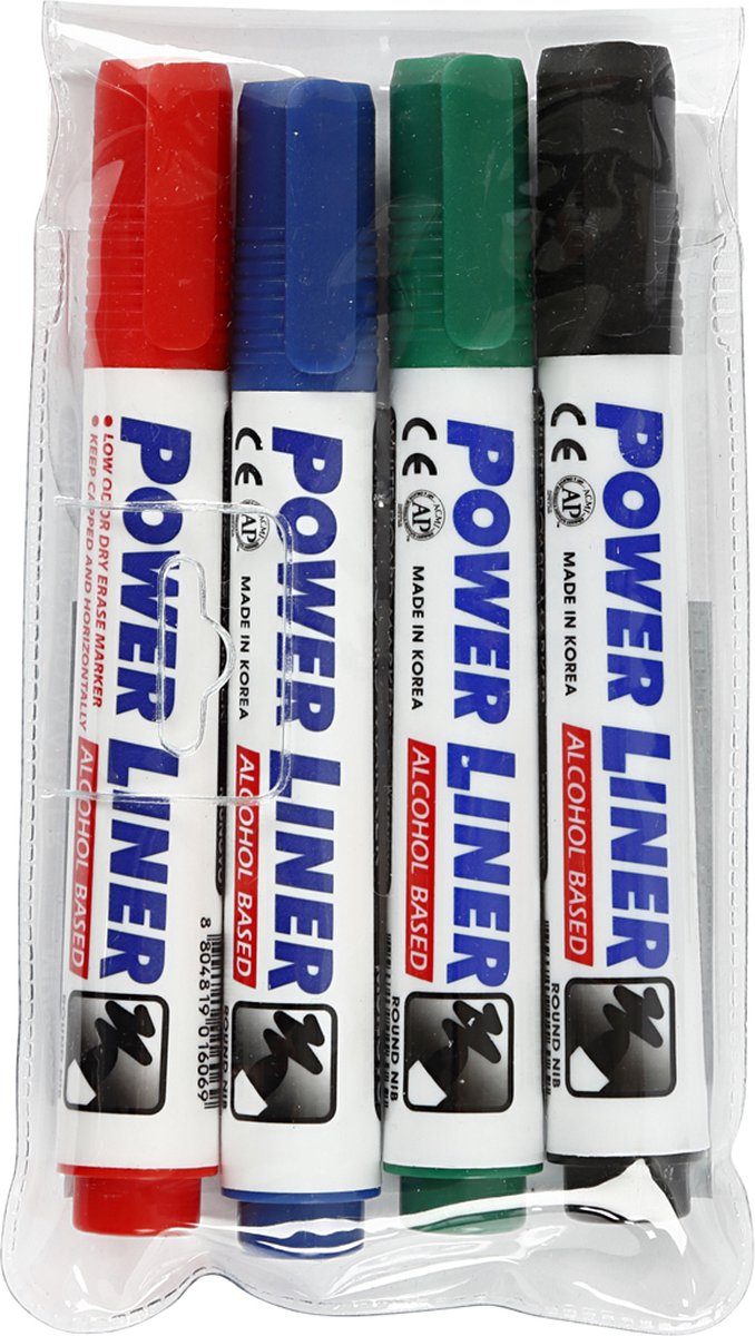 Whiteboard stiften, lijndikte 4 mm, zwart, blauw, groen, rood, 4 stuk