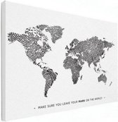 Wereldkaart Finger Prints Zwart Met Tekst - Canvas 100x50
