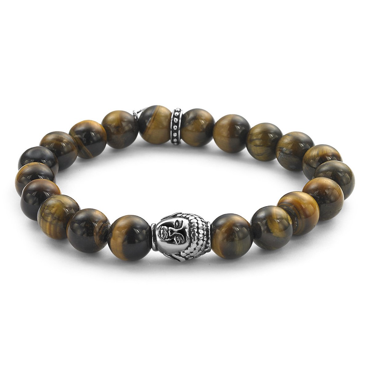 Twice As Nice Armband in tiger eye natuursteen van 10 mm, boeddha motief Lichtbruin 22cm