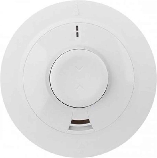 Witte hittemelder met een ronde centrale knop met pijltjes en een klein rood lampje.