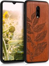 kwmobile telefoonhoesje compatibel met OnePlus 6T - Hoesje met bumper in donkerbruin - sapelihout - Bladertak design