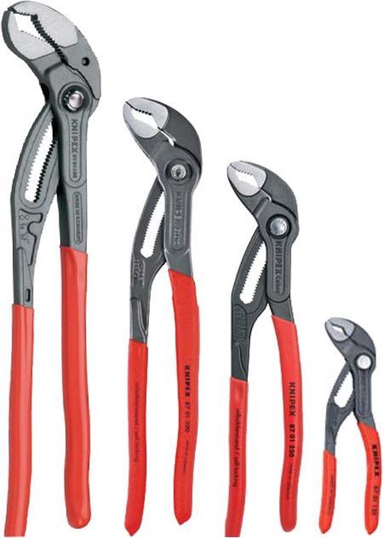 Vier Knipex Cobra waterpomptangen van verschillende formaten met rode handvatten.