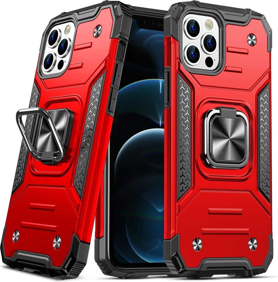 Hoesje Geschikt voor iPhone 12 Mini - Heavy Duty Armor hoesje Met Kickstand ringhouder – Rood