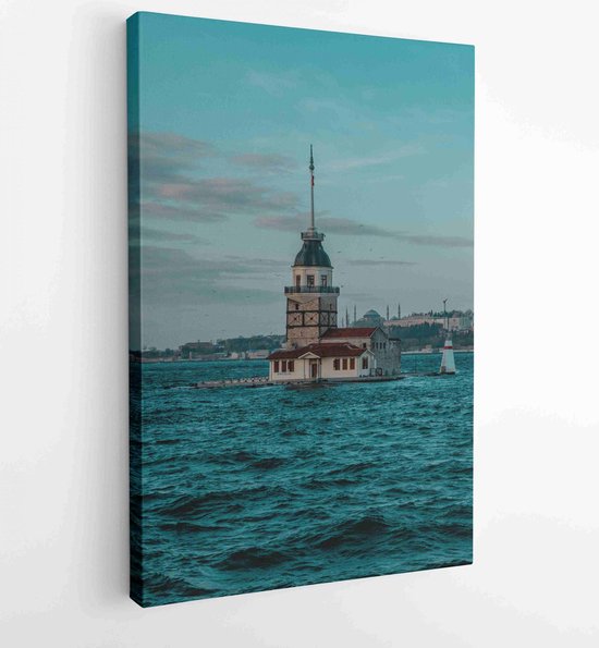 Vertcial sunrise view of the Maiden's Tower in Üsküdar on the Asian side of Istanbul, Turkey with the Hagia Sophia in the background - Moderne schilderijen - Vertical - 1913896570 - 115*75 Vertical