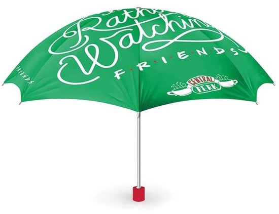 Groene paraplu met 'I'd Rather Be Watching FRIENDS' tekst en Central Perk logo.