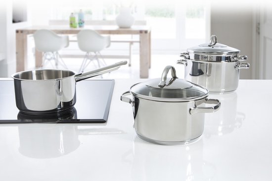 BK Essentials Pannenset 4-delig - 16/18/20cm -Zonder PFAS-vrije antikleeflaag - Pannenset inductie - Inductie kookpan - RVS pannenset - Ovenbestendig tot 230°C - Met glazen deksel - Zilver