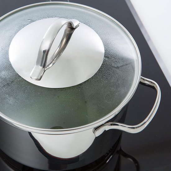 BK Essentials Pannenset 4-delig - 16/18/20cm -Zonder PFAS-vrije antikleeflaag - Pannenset inductie - Inductie kookpan - RVS pannenset - Ovenbestendig tot 230°C - Met glazen deksel - Zilver