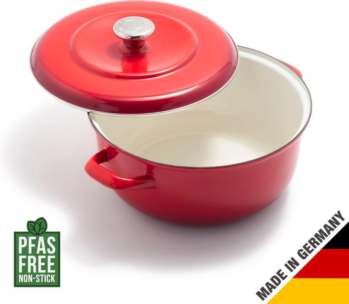 Merten & Storck Braadpan 26 cm - 5L - PFAS-vrije baklaag - Braadpan inductie - Ovenbestendig tot 315°C - Vaatwasserbestendig - Gietijzer - Handgemaakt - Lava Rood