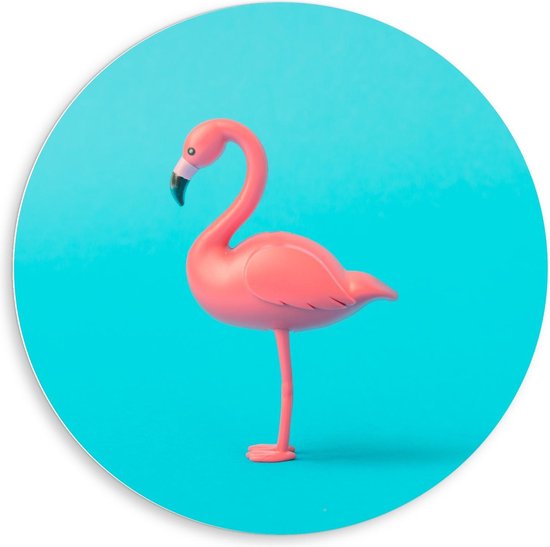 Forex Wandcirkel - Roze Flamingobeeld op Blauwe Achtergrond - 80x80cm Foto op Wandcirkel (met ophangsysteem)