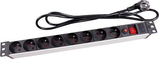 Perel PDU Power Strip 8 Schuko Sockets Type F, Switch and Surge Protection, 2.15 m Cable H05VV-F 3G1.5, 3680 W Power Distributor for 19 Inch Rack, Server Cabinet and Office