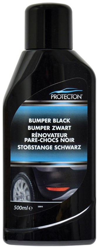 Flacon en plastique noir avec étiquette 'BUMPER BLACK BUMPER ZWART' et image de l'arrière d'une voiture.