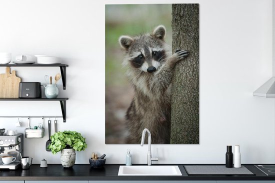 Tableau sur toile Ratons laveurs - Tronc d'arbre - Nature - 90x140 cm - Décoration murale