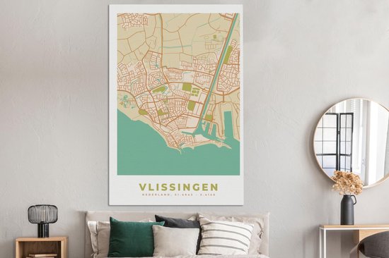 Toile Peinture Carte - Vlissingen - Vintage - 120x180 cm - Décoration murale XXL
