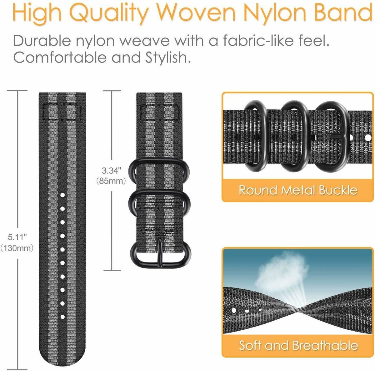 Nylon gespband – geschikt voor Polar Vantage M (46mm) – zwart/grijs