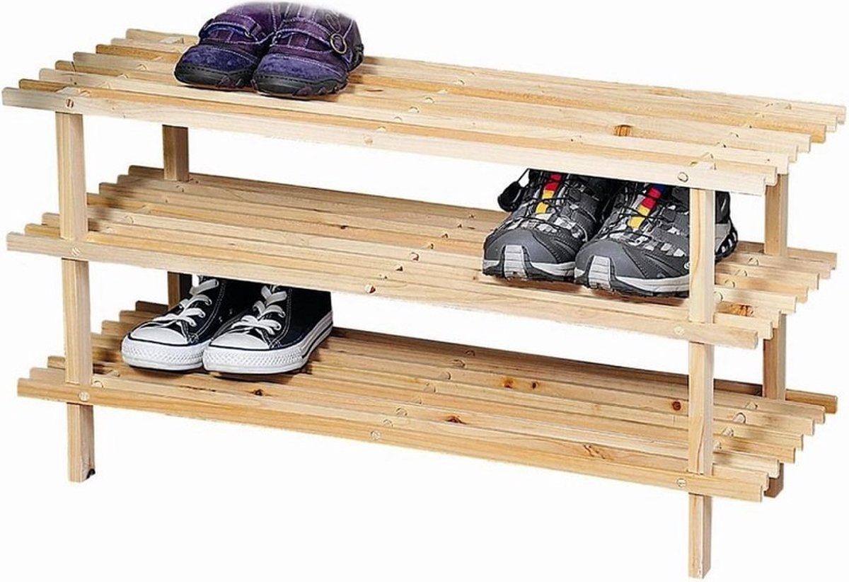 FSC® Dennenhouten Schoenenrek, 3 Verdiepingen voor 9 Paar Schoenen | Schoenenkast | Schoenen Rek | Afm. 77 x 40 x 26 Cm. | Kleur: natuurlijk Dennenbruin