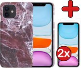 Hoes voor iPhone 11 Hoesje Marmer Hardcover Fashion Case Hoes Met 2x Screenprotector - Hoes voor iPhone 11 Marmer Hoesje Hardcase Back Cover - Rood x Wit