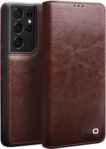Qialino Genuine Leather Boekmodel hoesje Samsung S21 Ultra Bruin