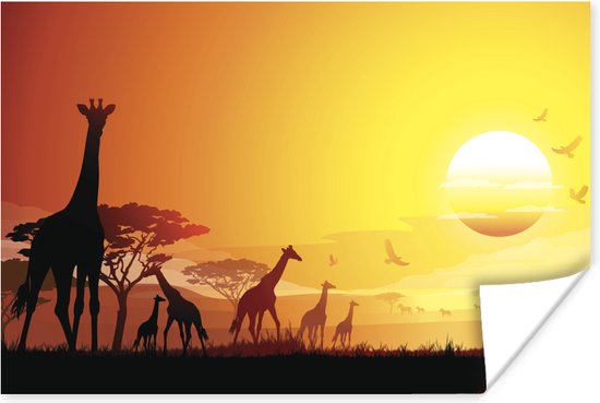 Poster Een illustratie van het Afrikaanse landschap met giraffen - 180x120 cm XXL