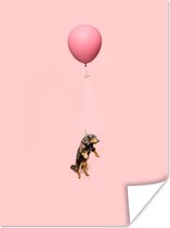 Poster Teckel aan een roze ballon - 90x120 cm
