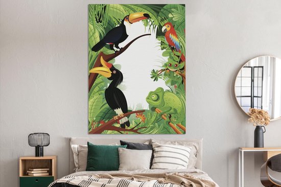 Une illustration vectorielle d'une forêt tropicale avec des toucans sur toile 120x160 cm - Tirage photo sur toile (Décoration murale salon / chambre) XXL / Grand format!