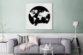 Canvas Wereldkaart - 90x90 - Wanddecoratie Wereldkaart - Cirkel - Zwart Wit