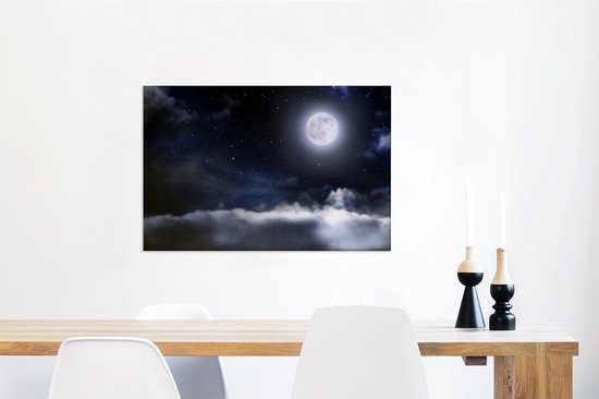 La pleine lune entourée de nuages et d'étoiles toile 60x40 cm - Tirage photo sur toile (Décoration murale salon / chambre)