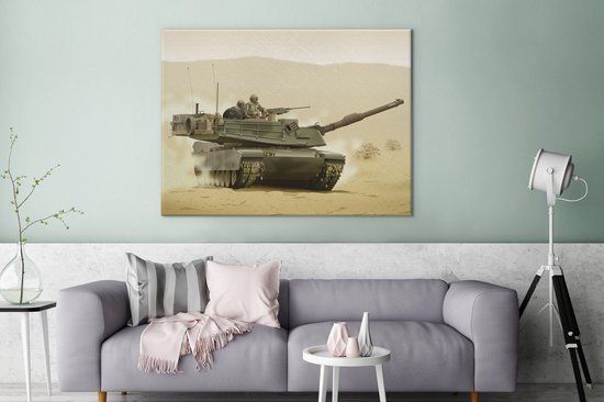 Une illustration d'un tank dans le désert sur toile 160x120 cm - Tirage photo sur toile (Décoration murale salon / chambre) XXL / Groot format!