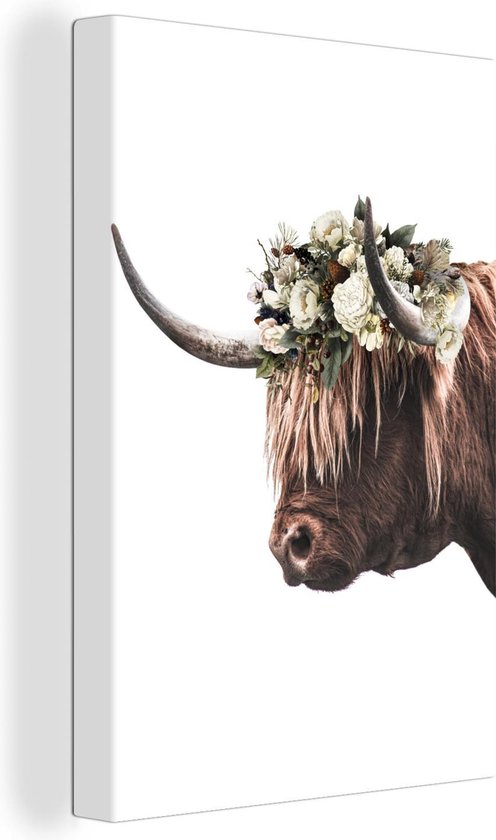 Highlander écossais avec fleurs 40x60 cm - Tirage photo sur toile peinture (Décoration murale salon / chambre) / animaux sauvages Peintures sur toile