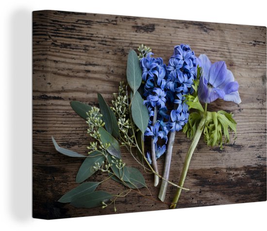 Jacinthes bleues sur une table en bois 30x20 cm - petit - Tirage photo sur toile (Décoration murale salon / chambre) / Peintures Fleurs sur toile