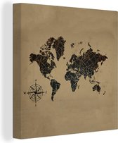 Canvas Wereldkaart - 20x20 - Wanddecoratie Wereldkaart - Goud - Kompas